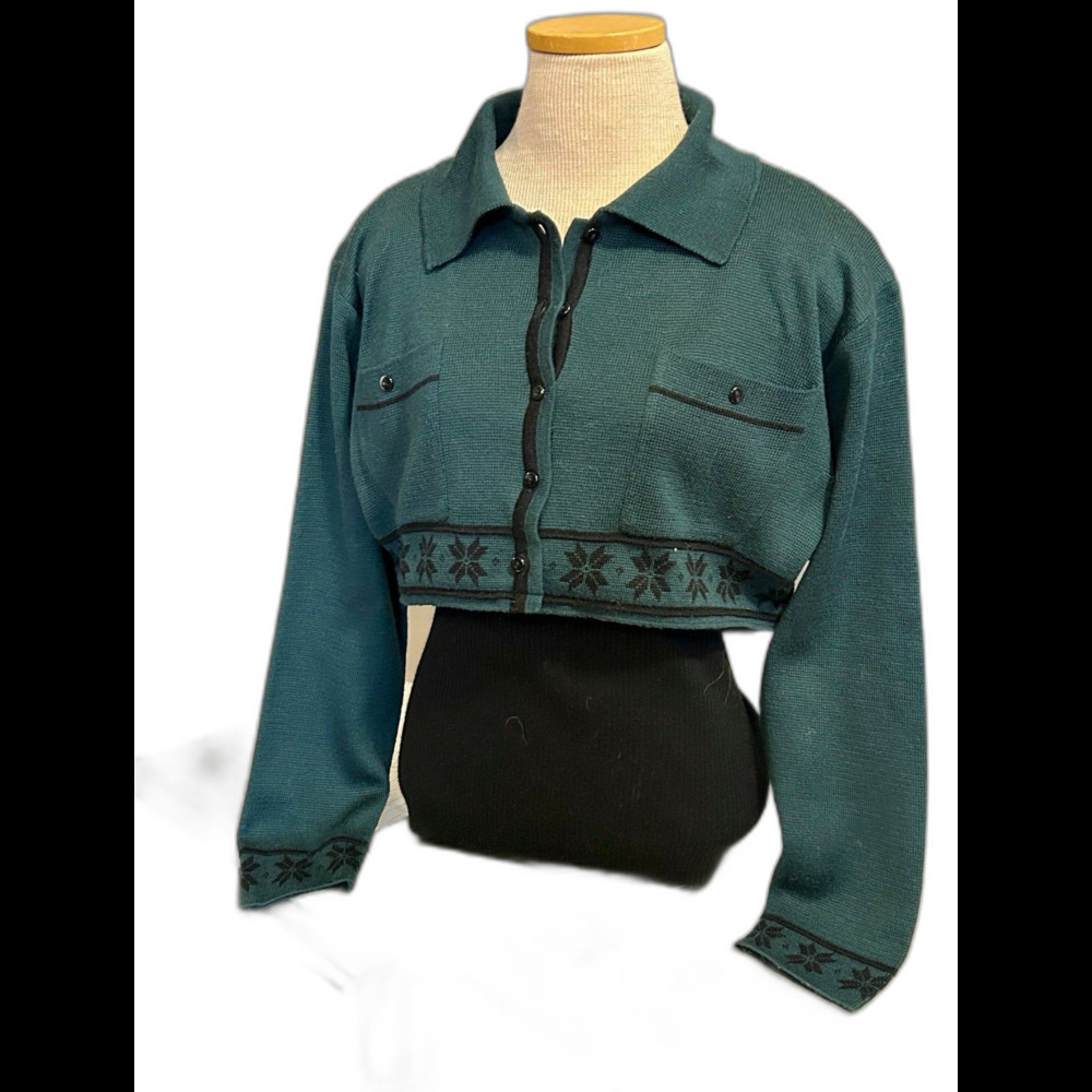 80s Nils Wool Blend Ski Sweater size M Collared Button Front Ribbed Bottom